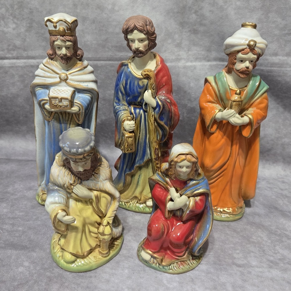 Vintage Nativity Pieces Ceramic Set Of 5 Wise Men Mary Joseph Christmas